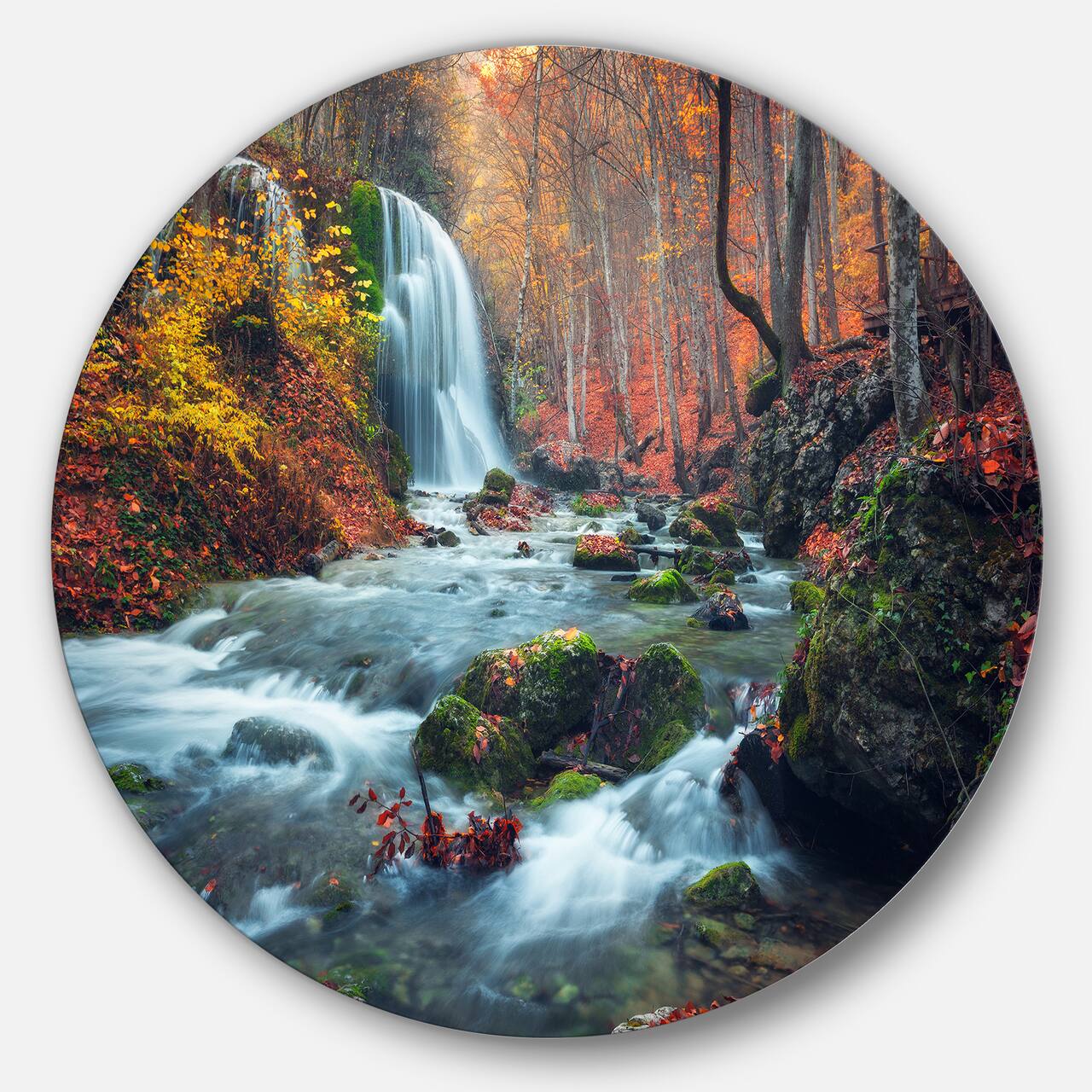 Designart - Autumn Mountain Waterfall Long View' Landscape Photography Circle Metal Wall Art